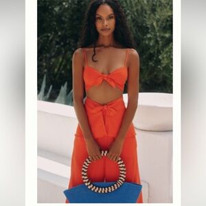 Anthropologie  CELANDINE LINEN BLEND TIE-FRONT CUTOUT TANK XXS NWT Flame orange